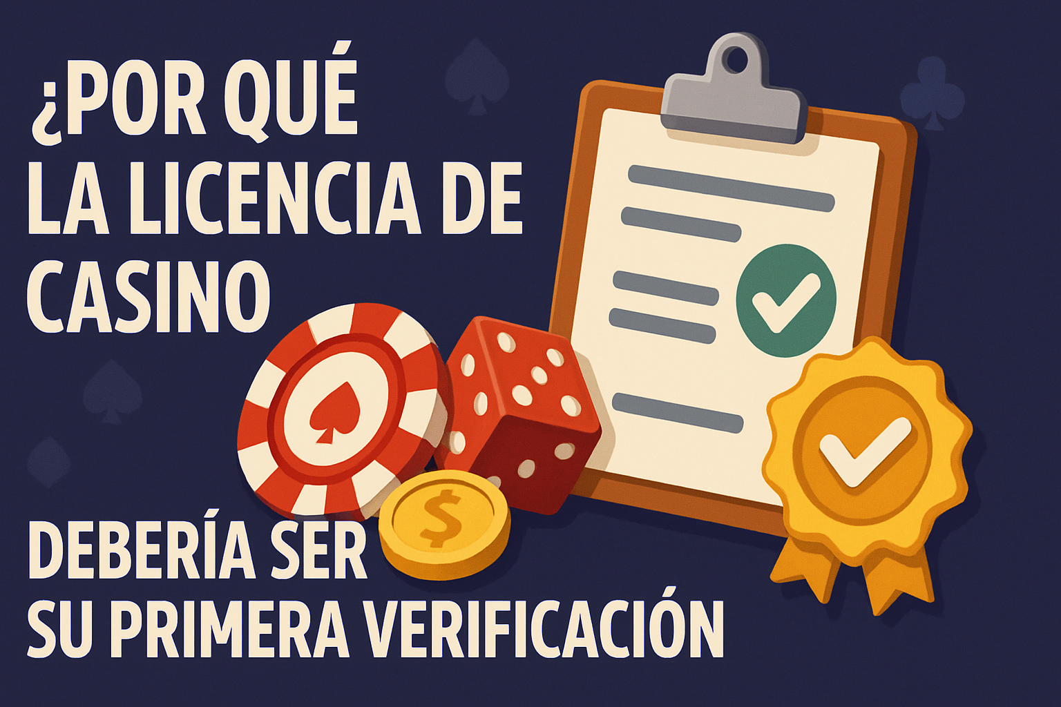 Ilustración sobre la importancia de verificar la licencia de un casino en línea antes de registrarse, con texto en español “¿Por qué la licencia de casino debería ser su primera verificación?”, e íconos de ficha de póker, dado, monedas, portapapeles con licencia aprobada y medalla de seguridad, destacando la seguridad, legalidad y regulación en los casinos online.